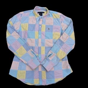 VTG Ralph Lauren *Sz 12* Pastel Patchwork Long Sleeve Button Down Blouse Top